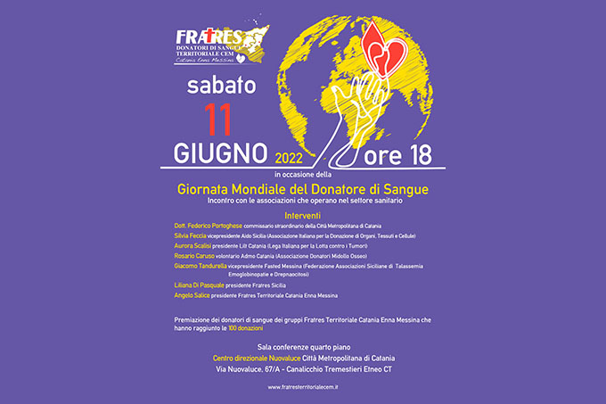 “Giornata Mondiale del Donatore di Sangue 2022”, sabato conferenza Fratres alla Città Metropolitana di Catania